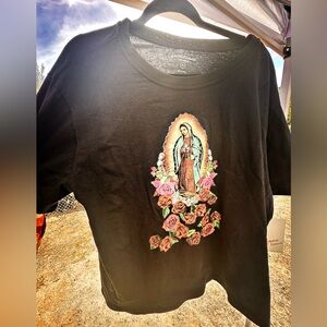 Black Graphic T-Shirt with Virgin Mary and Roses